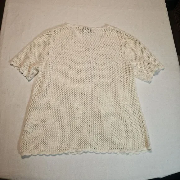 Sag Harbor L Crochet Knit Cardigan Scalloped Trim Cream Ivory Cottagecore Boho - Picture 10 of 11